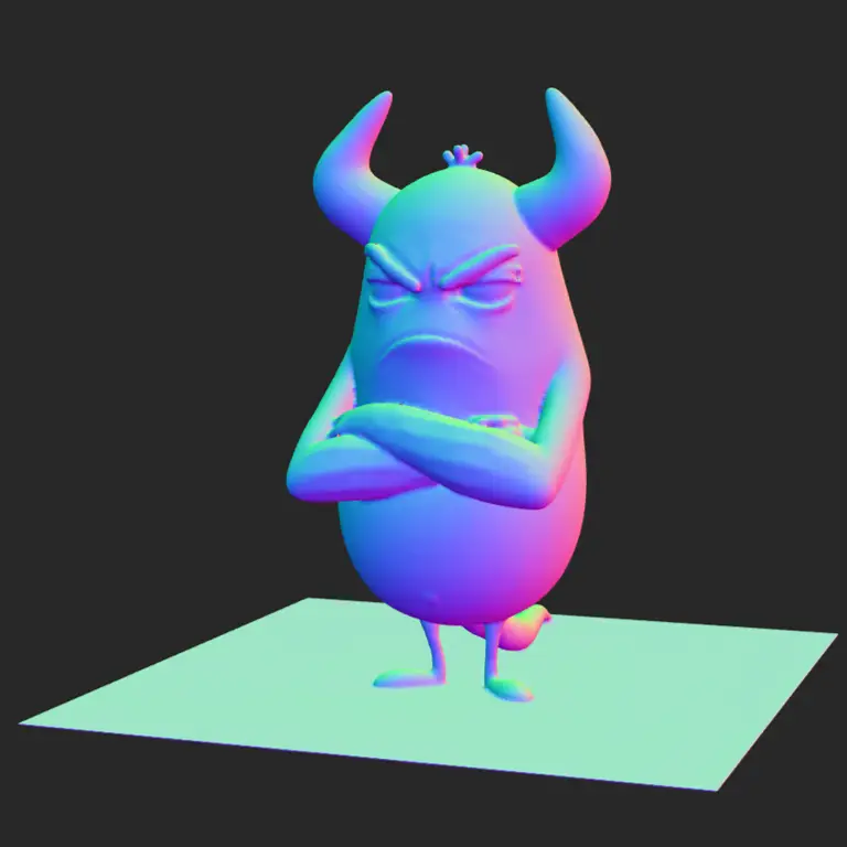 A cartoon monster as a bare 3D mesh, tinted by the direction each part of the surface faces