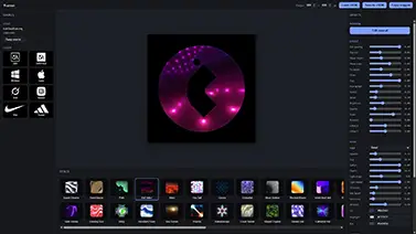 The Web-GL shader tool, showing a logo rendered with an animated shader and its parameter controls