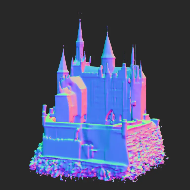 The castle as a bare 3D mesh: the towers are there, but the windows and stonework are soft and the trees along the bottom have become a lumpy crust