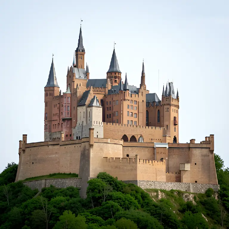 A photograph of a large hilltop castle with spires, rows of windows and trees below the walls