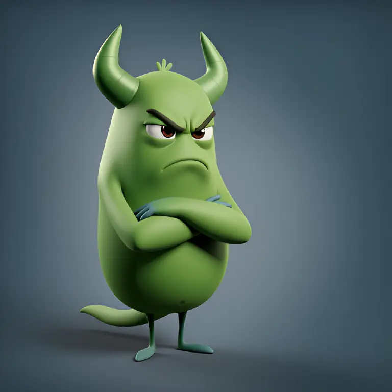 A green cartoon monster with horns and folded arms, drawn as a flat picture